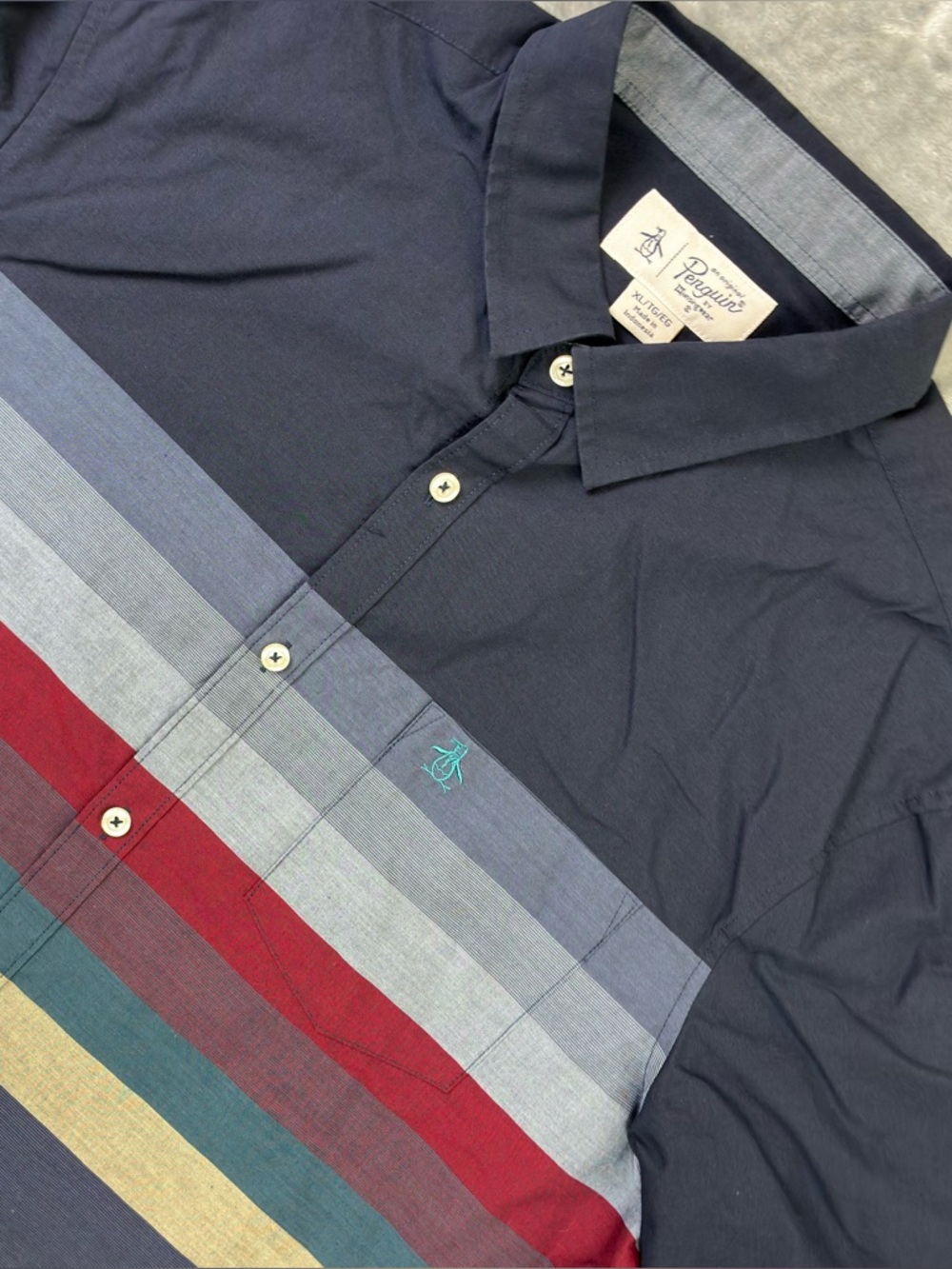 Original Penguin Mens XL Short Sleeve Shirt Navy Blue Striped Colorblock Pocket